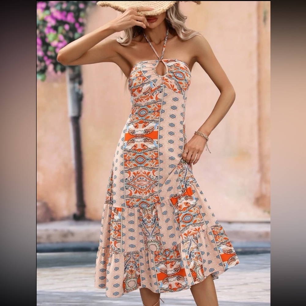 Boho Paisley Floral Print Tie Backless Ruched Bust Ruffle Hem Halter Dress - Picture 6 of 7